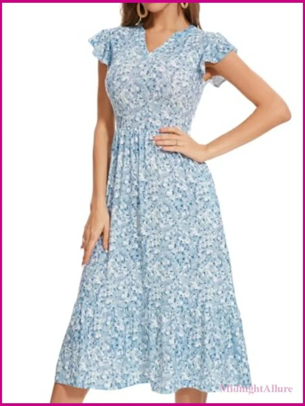 Midi Dress with Pockets Ruffle Sleeve Notched Neck A-Line Boho Beach Sundress